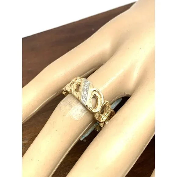 Men's Wedding Band 14k Yellow Gold Diamond Ring Link Estate Jewelry Size 9.5
